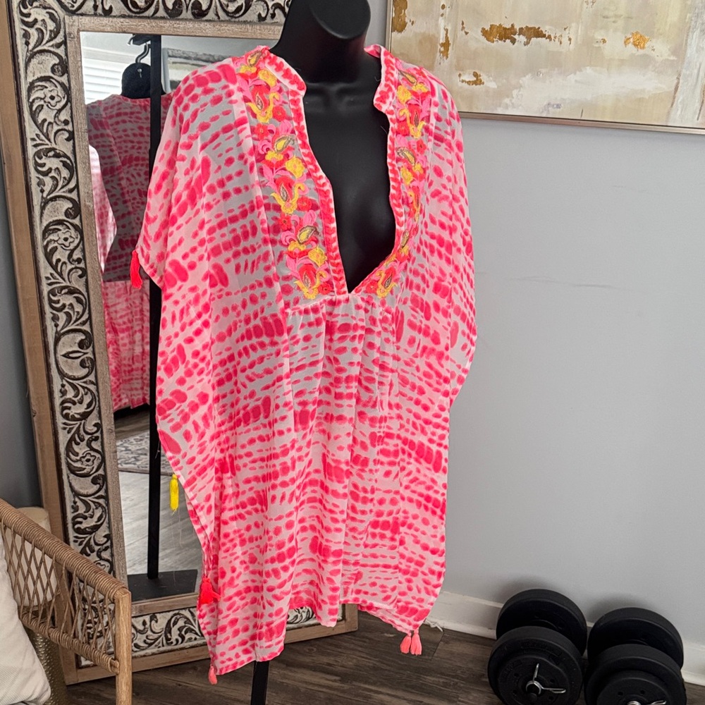 Women’s Pink Tie-Dye Embroidered V-Neck cover up